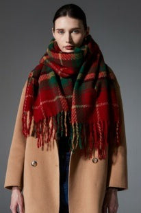 Oversized Fringe Plaid Christmas Scarf