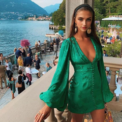 JuliaFashion - Sexy Lantern Sleeve Green Mini Dress