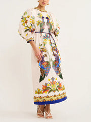 Exquisite And Fun Printed Puff Trendy Sleeves Loose Casual Midi Dress Dresses