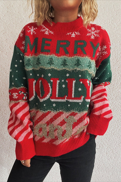 Christmas Cozy Color Block Stripe Polka Dot Sweater