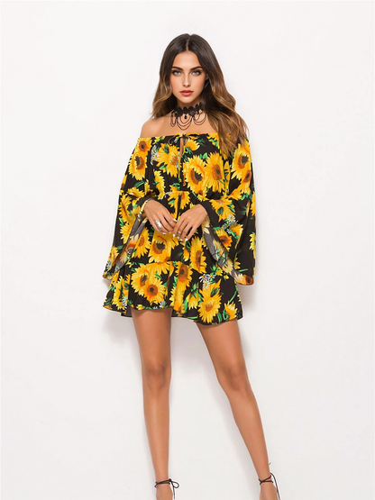 JuliaFashion-Floral Coast Sunflower Print Mini Dress