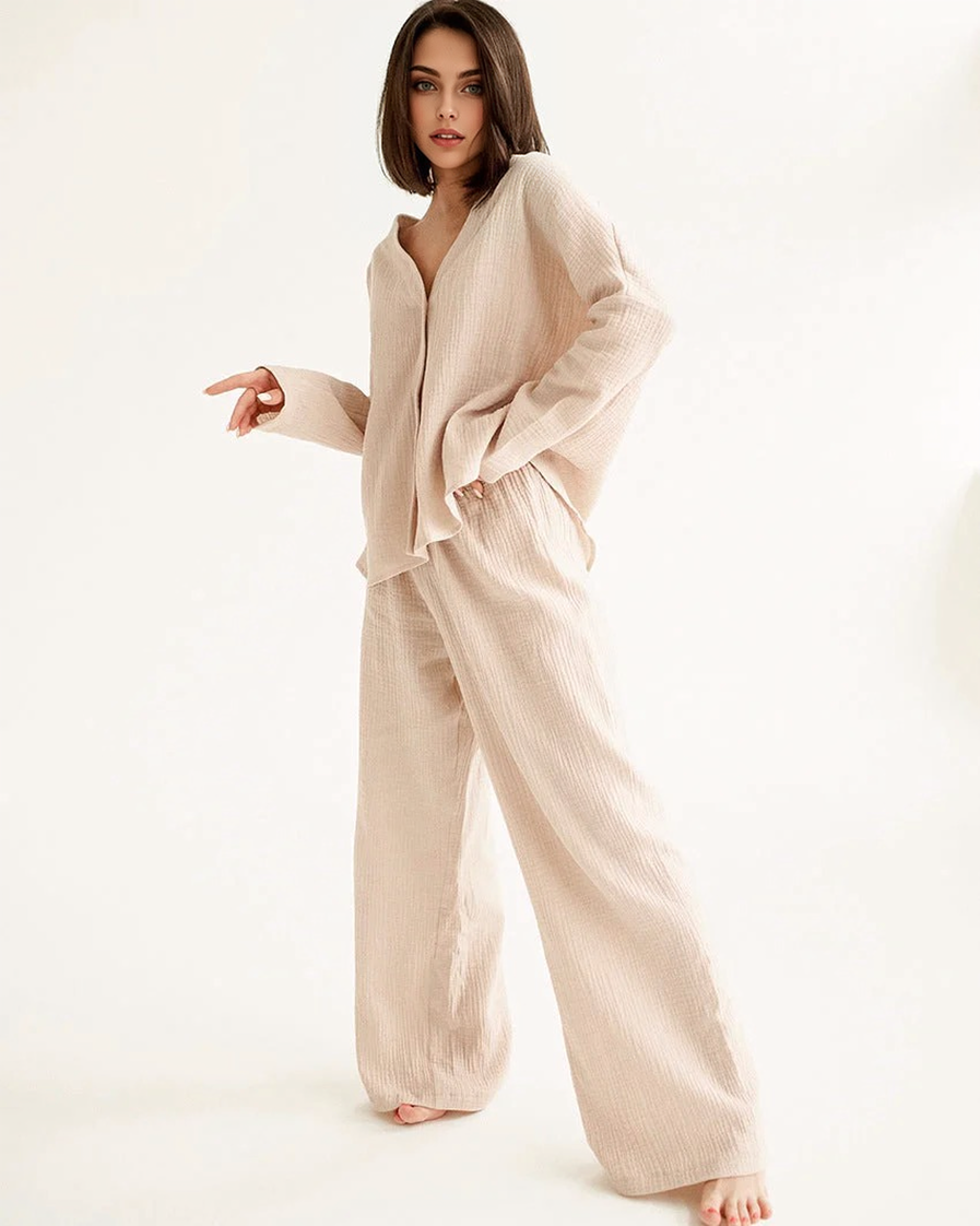 JuliaFashion-Cotton Linen Solid Single Breasted Long Sleeve Pijama Suit