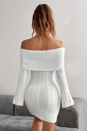 Trendy Casual Versatile Solid Off Shoulder Knit Sweater Dress