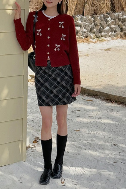 Embroidered 3D Cherry Knit Christmas Cardigan