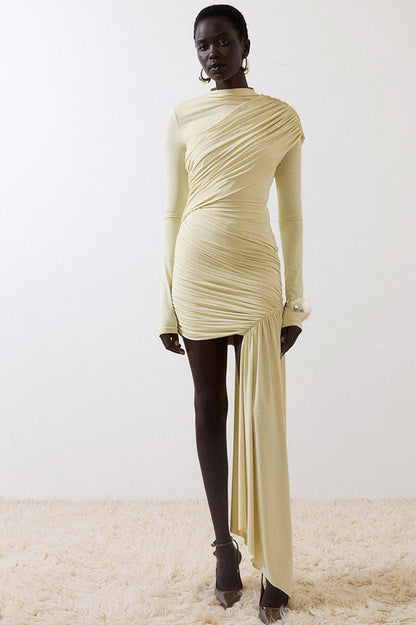 Ruched Asymmetric Ribbon Slim Mini Dress