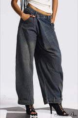 Asymmetric Waist Washed Low Waist Flare Wide Leg Jeans