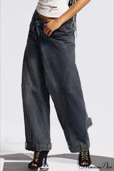 Asymmetric Waist Washed Low Waist Flare Wide Leg Jeans