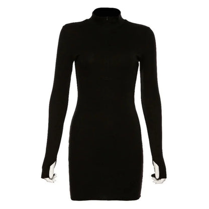 Julia Fashion - Soft Ribbed Knitted Turtleneck Fashion Solid Black Mini Dress