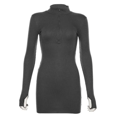 Julia Fashion - Soft Ribbed Knitted Turtleneck Fashion Solid Black Mini Dress