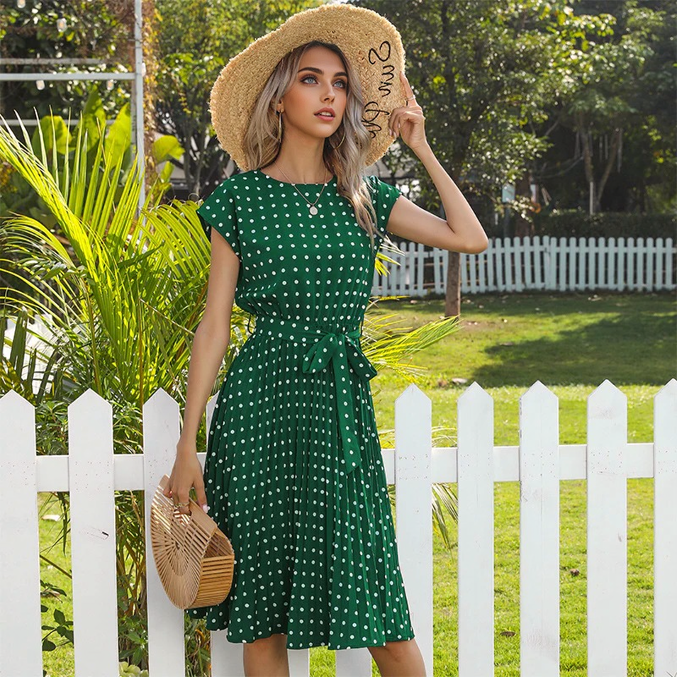 Julia Fashion - New O-Neck Polka Dots Short Sleeve Pleated Dresses