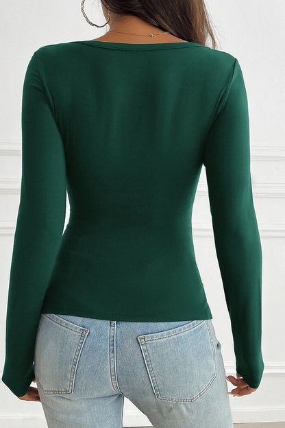 Button Detail Lace Trim V-Neck Long Sleeve Tee