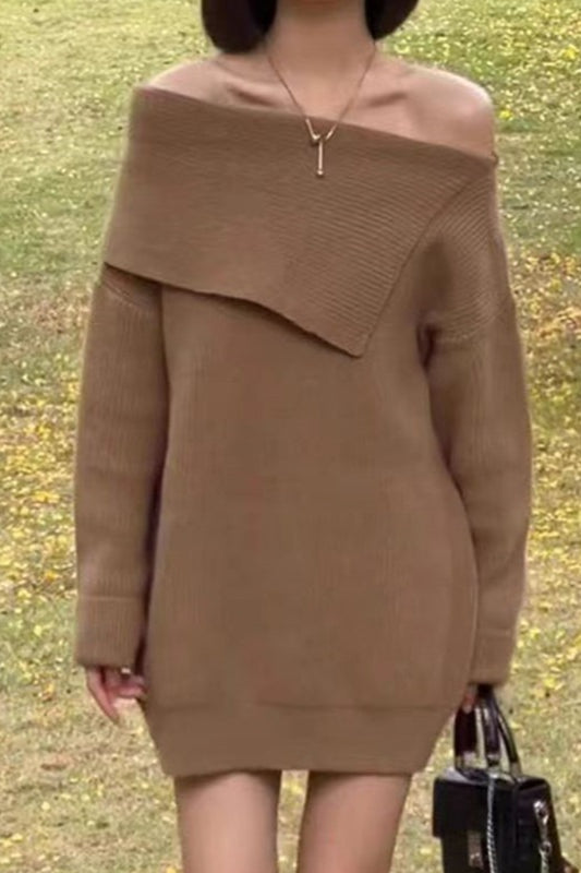 Relaxed Effortless Boat Neck Midi Knit Sweater Dress