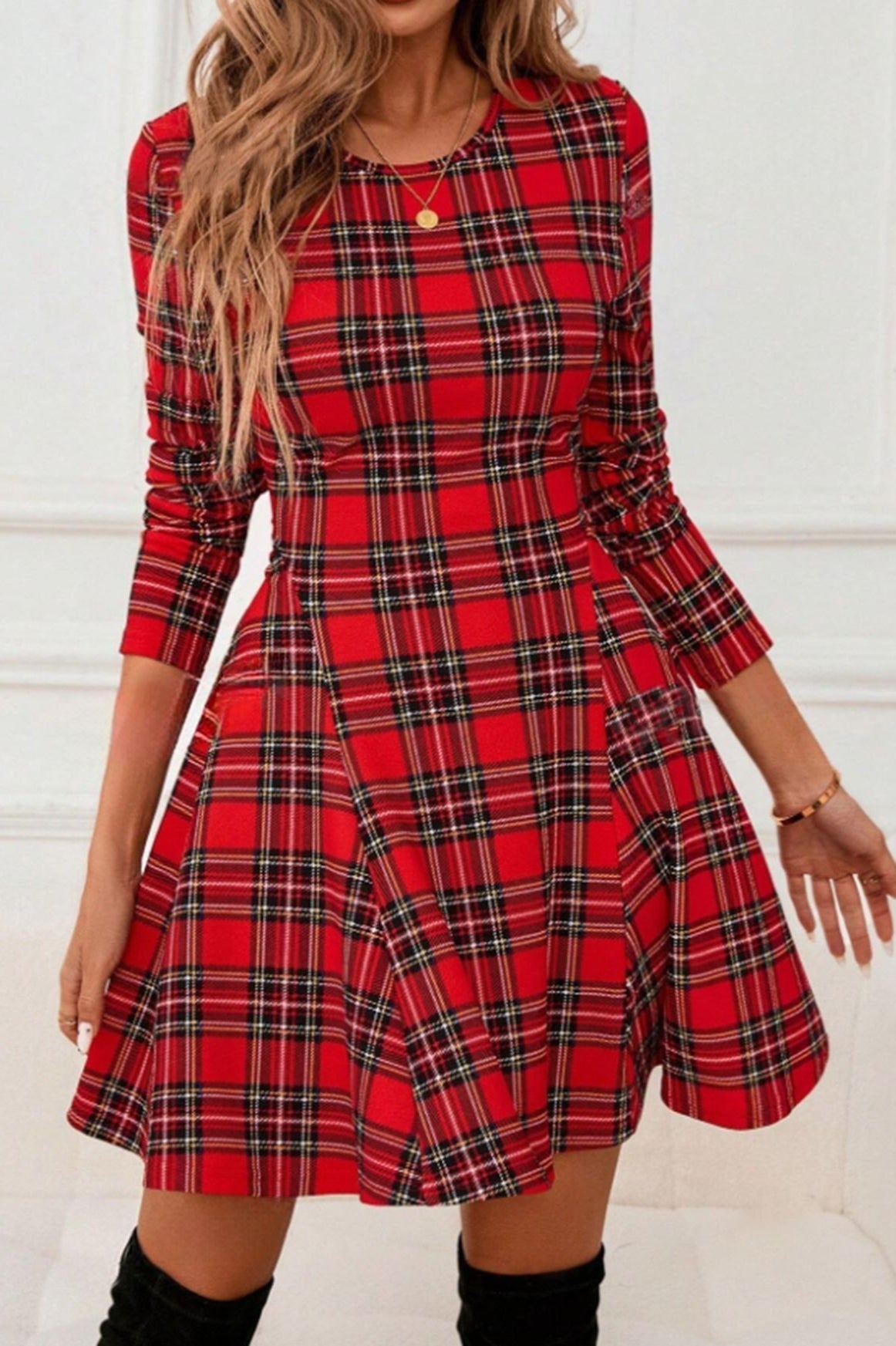Plaid Long Sleeve Party Dress