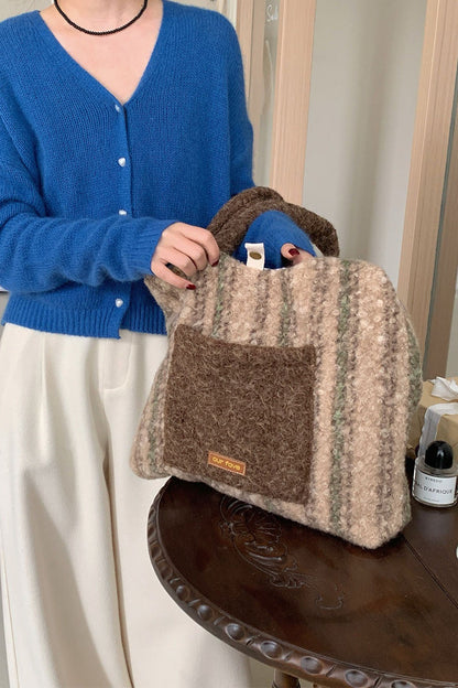 Christmas Red Plaid Faux Fur Panel Tote Shoulder Bag