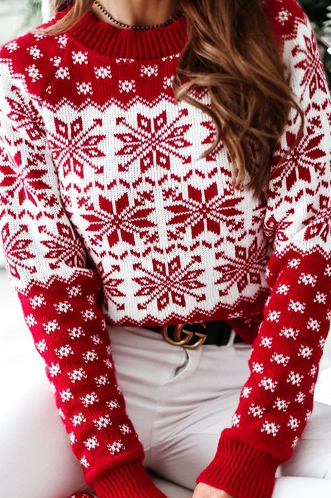 Christmas Cozy Snowflake Polka Dot Color Block Sweater
