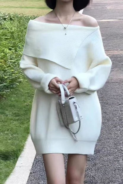 Relaxed Effortless Boat Neck Midi Knit Sweater Dress