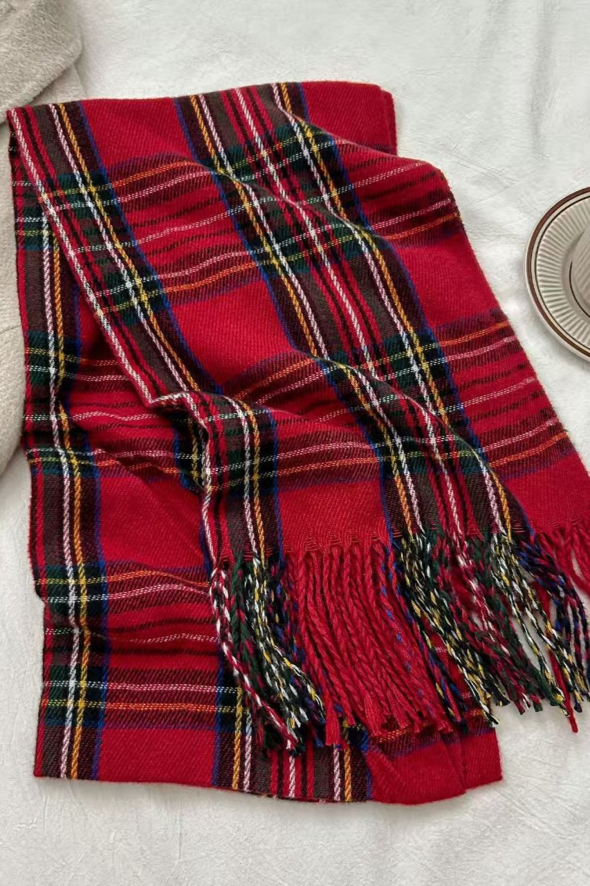 Plaid Fringe Thermal Knit Christmas Scarf