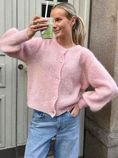 Loose Single Breasted Casual O-neck Long Sleeve Solid Cardigan