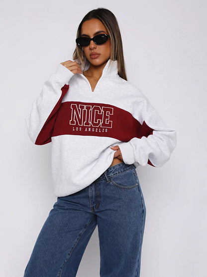 Sporty Casual Stylish Contrast Color Zip-up Sweatshirt