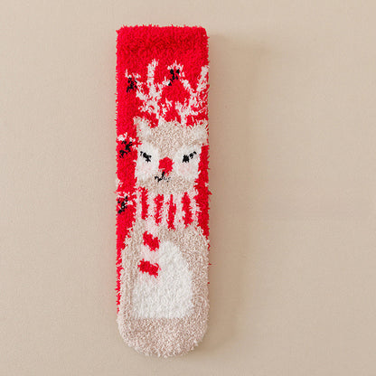 Cute Coral Fleece Thick Warm Mid Calf Christmas Socks