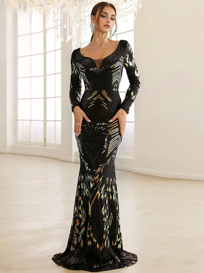 JuliaFashion-High Waist V-Neck Backless Sequin Fishtail Dresses