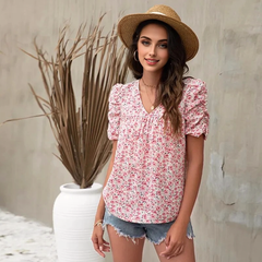 JuliaFashion - Summer Women's V-neck Bubble Sleeve Print Short Sleeve T Shirt