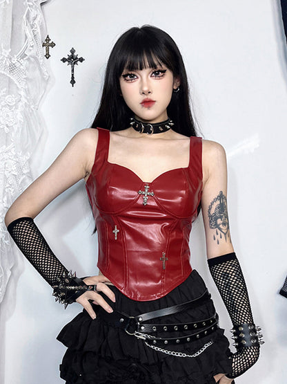 Gothic Crop Cross Corset Punk Leather Grunge Top