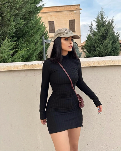 Julia Fashion - High-neck Knit Long Sleeve Slit Maxi Puss Sexy Streetwear Women's Mini Dress