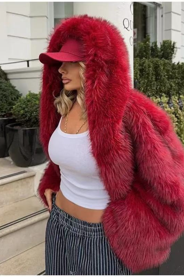 Eco Fur Fox Trim Hooded Thick Warm Chic Christmas Outerwear