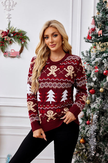 Christmas Cozy Color Block Gingerbread Man Print Sweater