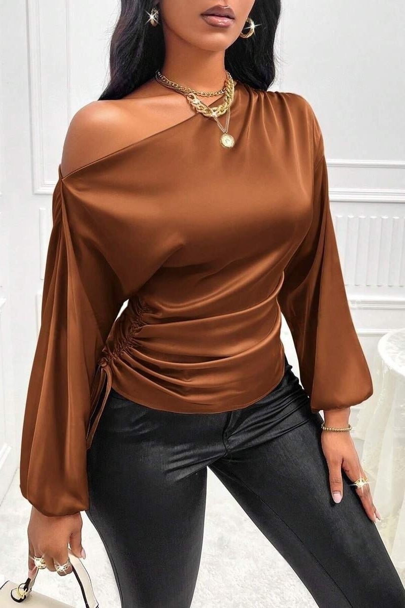 Satin Asymmetric Collar Ruched Waist Long Sleeve Tee