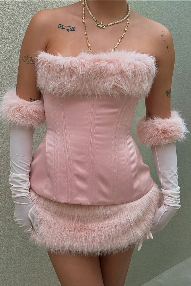 Solid Fuzzy Paneled Tie Waist Sexy Mini Dress