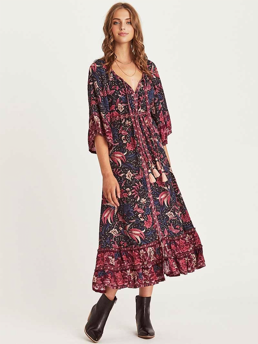 JuliaFashion-Flare Sleeve Bohemian Maxi Dress