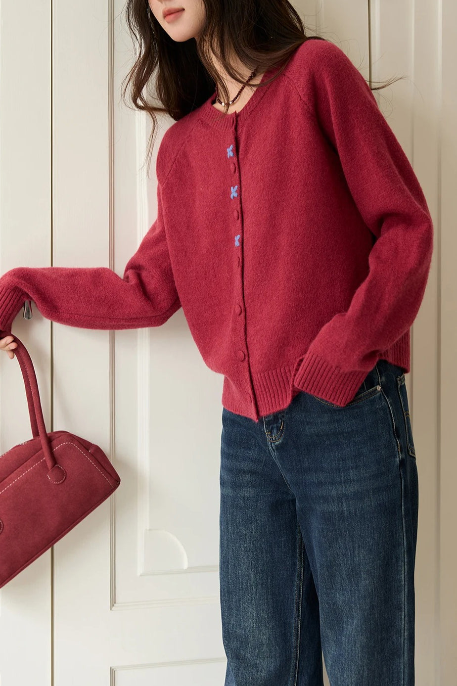 Round Neck Embroidered Buckle Christmas Cardigan