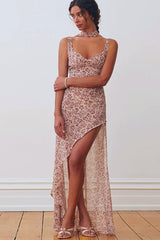 Strap Backless Slit Slim Floral Dress
