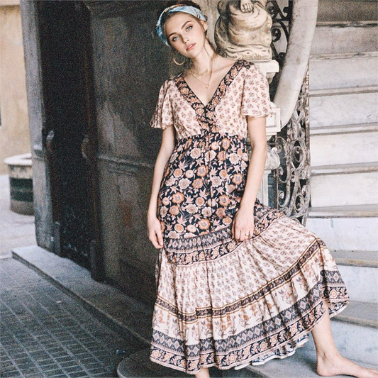 JuliaFashion-Boho Chic Floral Print Bat Sleeve Maxi Dress