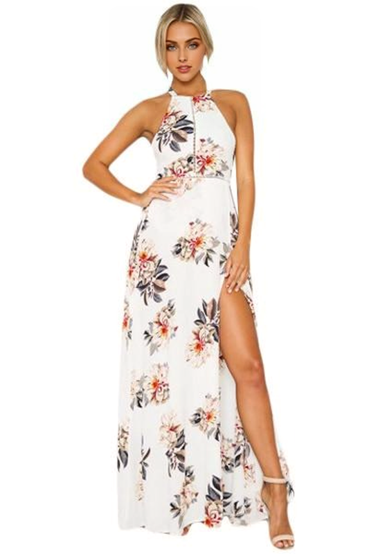 JuliaFashion - 2024 White Floral Cutout Back Halter Split Maxi Boho Dress