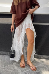 Lace Sheer Split Ruffle Asymmetrical Skirt