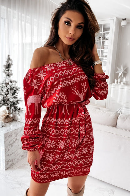 Christmas Print Long Sleeve Tie Waist Casual Mini Dress