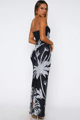 Black Printed Strapless Bodycon Vacation Dress