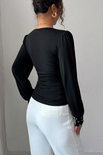 Pearl Accent Solid V-Neck Ruched Waist Sexy Long Sleeve Tee