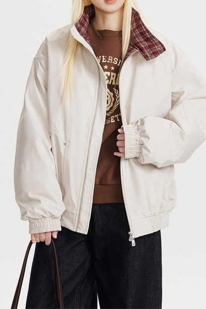 Vintage Plaid Paneled Stand Collar Loose Warm Christmas Outerwear