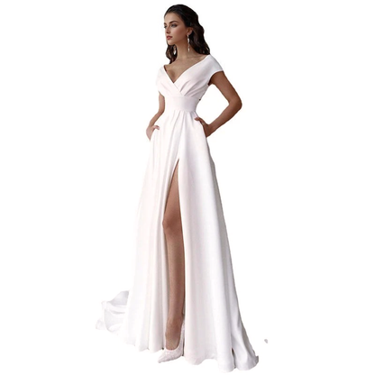 JuliaFashion - 2024 Solid Color Evening V-neck Sexy White Long Dress