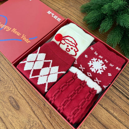 Red Argyle Snowflake Seamless Rabbit Fleece Mid Calf Christmas Socks