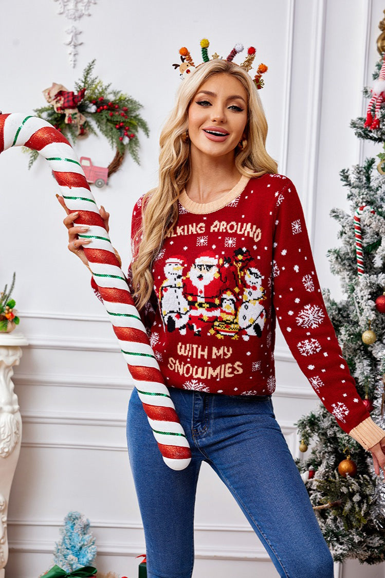 Christmas Cozy Color Block Santa Snowflake Polka Dot Sweater