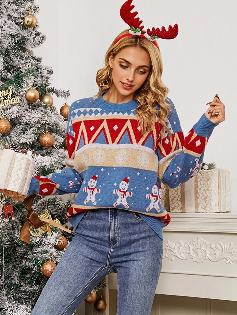 JuliaFashion-Christmas Snowflake Sweater New Pullover Christmas Snowman Sweater