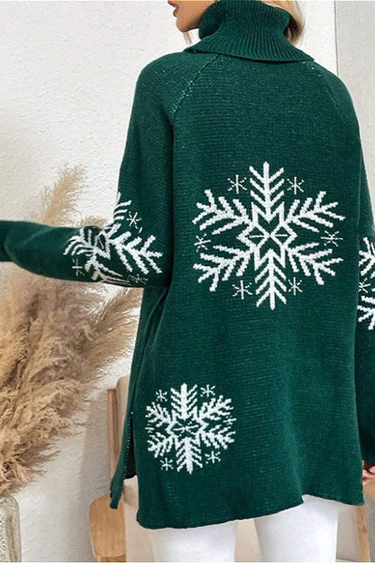 Solid Color Turtleneck Christmas Snowflake Print Sweater