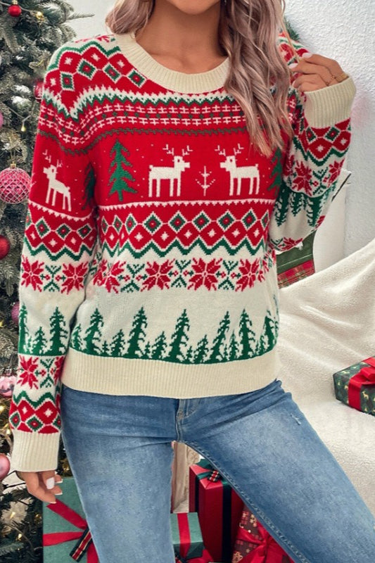 Christmas Style Color Block Crew Neck Cartoon Sweater