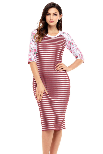 JuliaFashion-Feelin' Good Striped Floral Sleeve Bodycon Dress