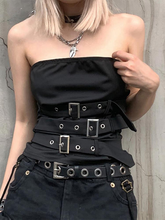 Gothic Design Eyelet Black Punk Bandage Crop Sleeveless Top